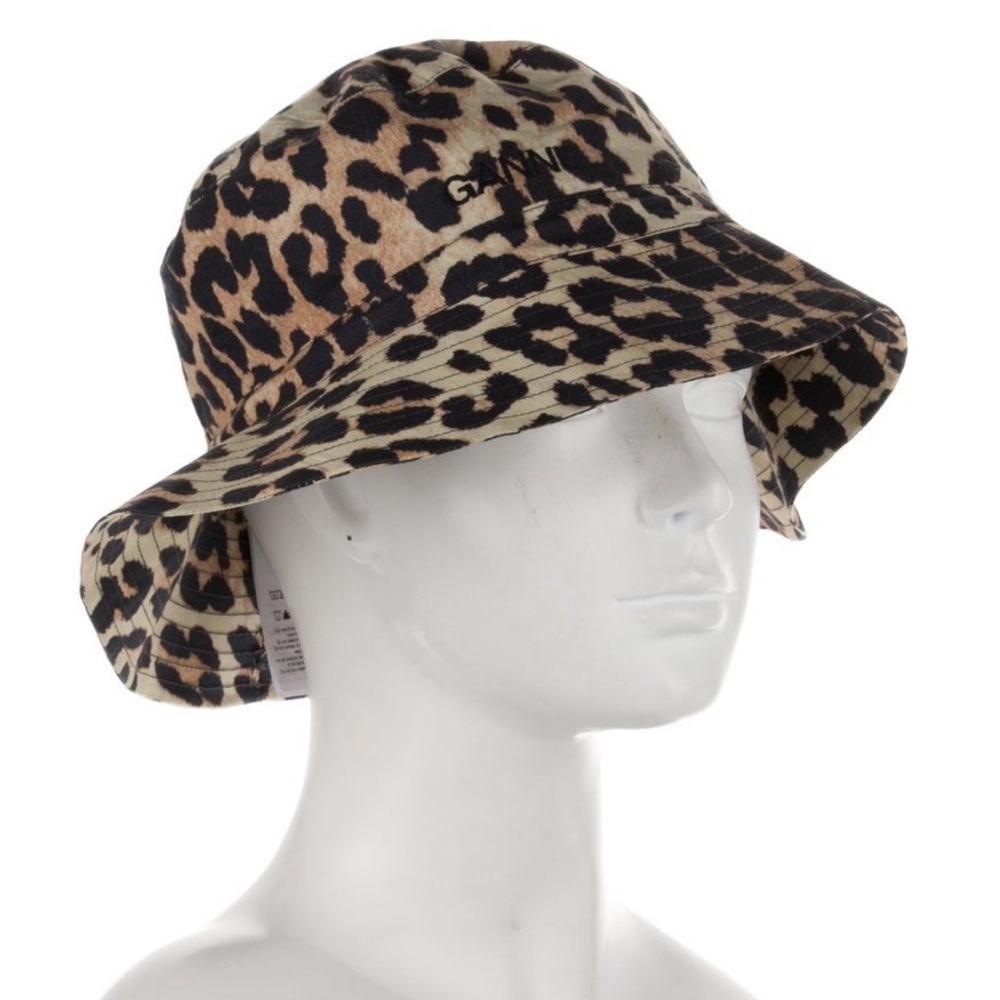 Ganni Leopard Print Bucket Hat in Tan and Black